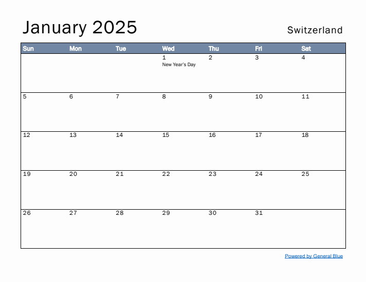 January 2025 Simple Monthly Calendar for Switzerland