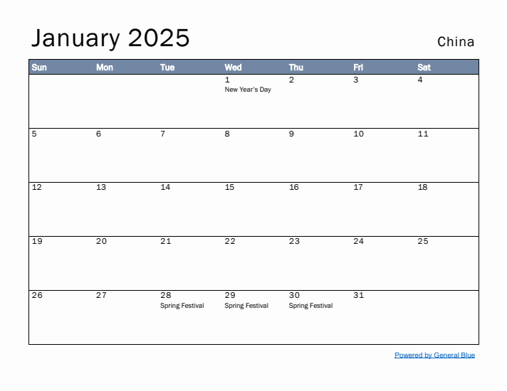 January 2025 Simple Monthly Calendar for China