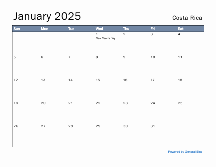 January 2025 Simple Monthly Calendar for Costa Rica