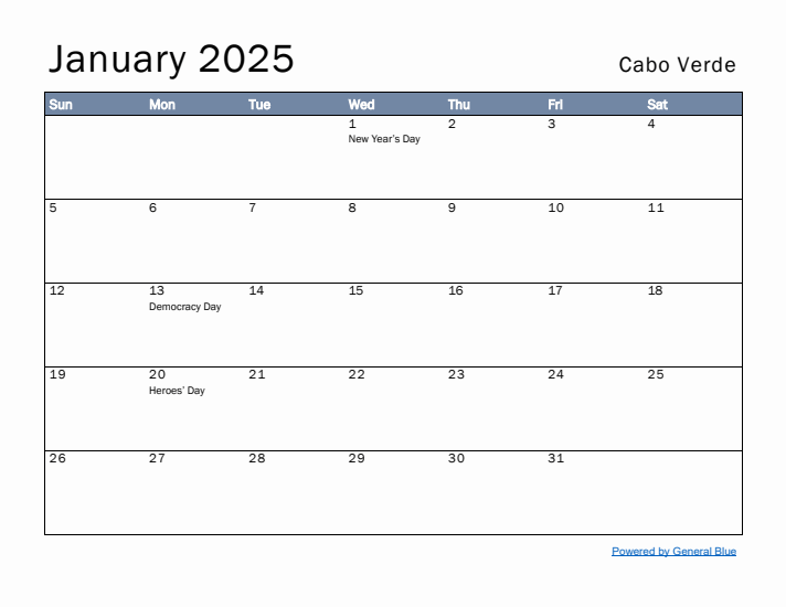 January 2025 Simple Monthly Calendar for Cabo Verde