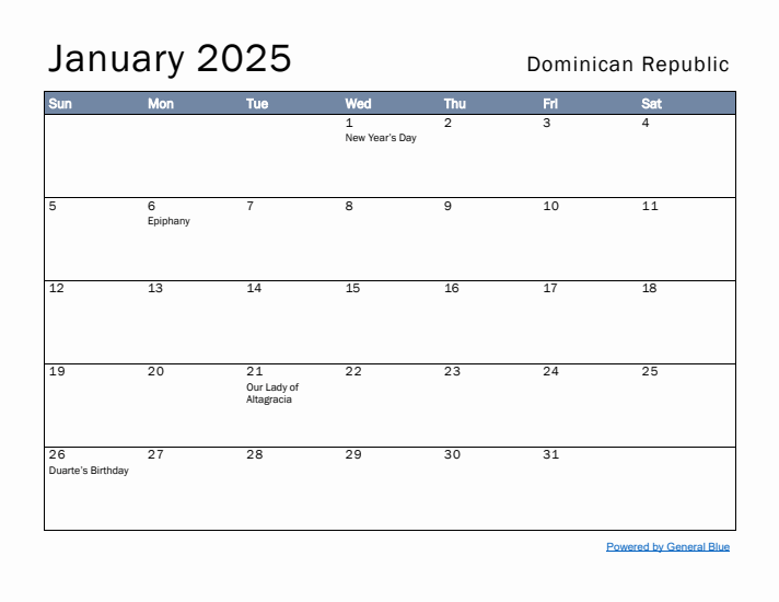 January 2025 Simple Monthly Calendar for Dominican Republic