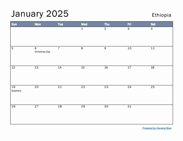 January 2025 Simple Monthly Calendar for Ethiopia