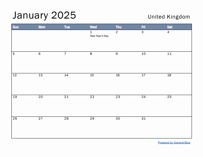 January 2025 Simple Monthly Calendar for United Kingdom