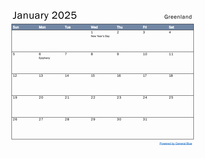 January 2025 Simple Monthly Calendar for Greenland