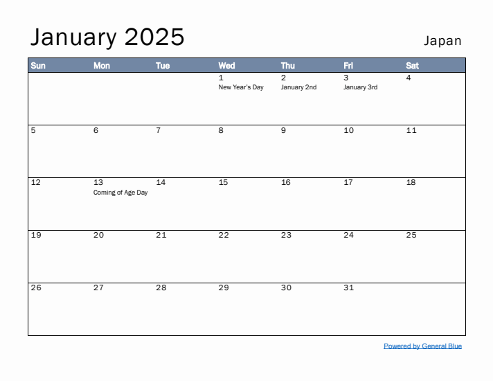 January 2025 Simple Monthly Calendar for Japan