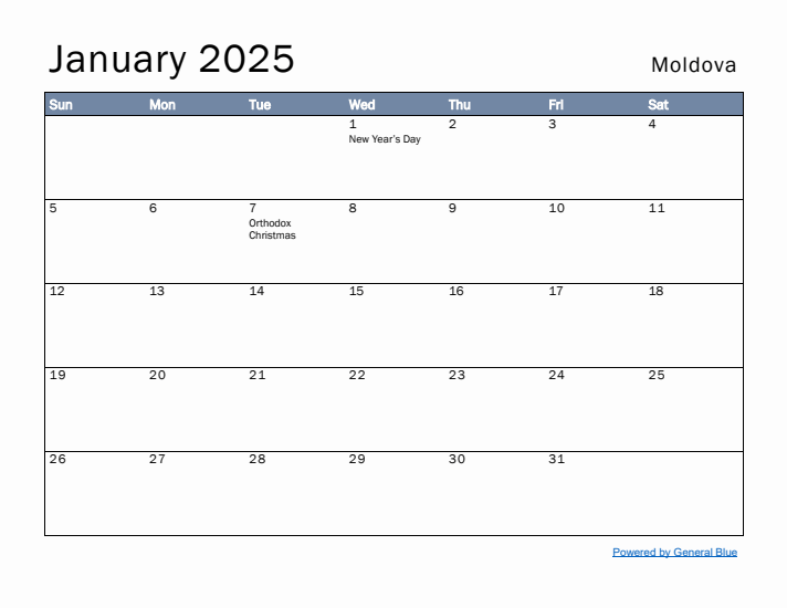 January 2025 Simple Monthly Calendar for Moldova