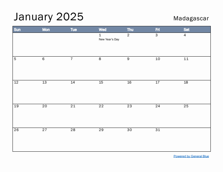 January 2025 Simple Monthly Calendar for Madagascar