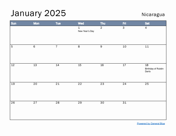 January 2025 Simple Monthly Calendar for Nicaragua