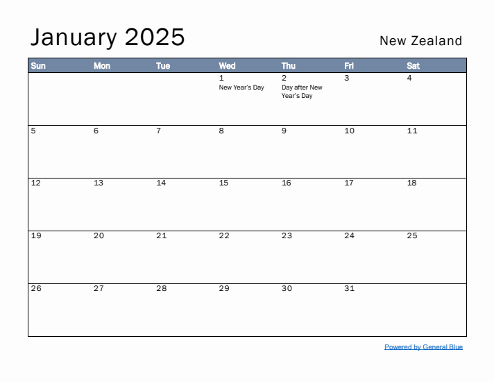 January 2025 Simple Monthly Calendar for New Zealand