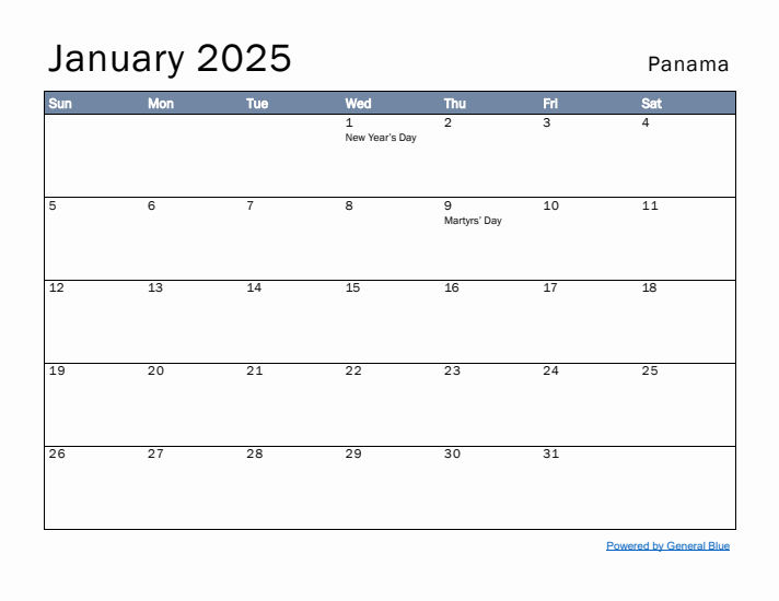 January 2025 Simple Monthly Calendar for Panama