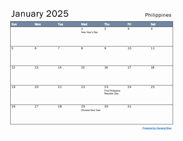 January 2025 Simple Monthly Calendar for Philippines