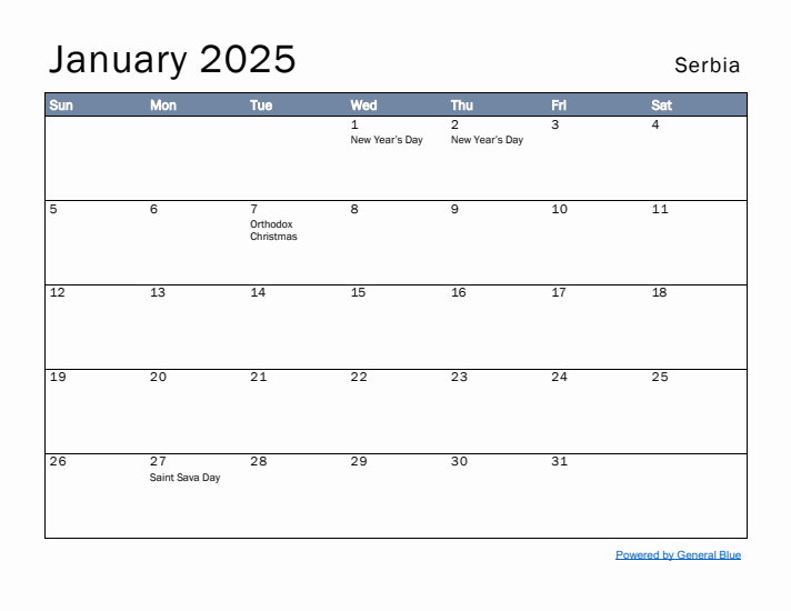 January 2025 Simple Monthly Calendar for Serbia