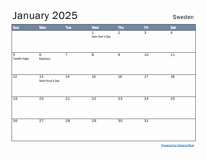 January 2025 Simple Monthly Calendar for Sweden