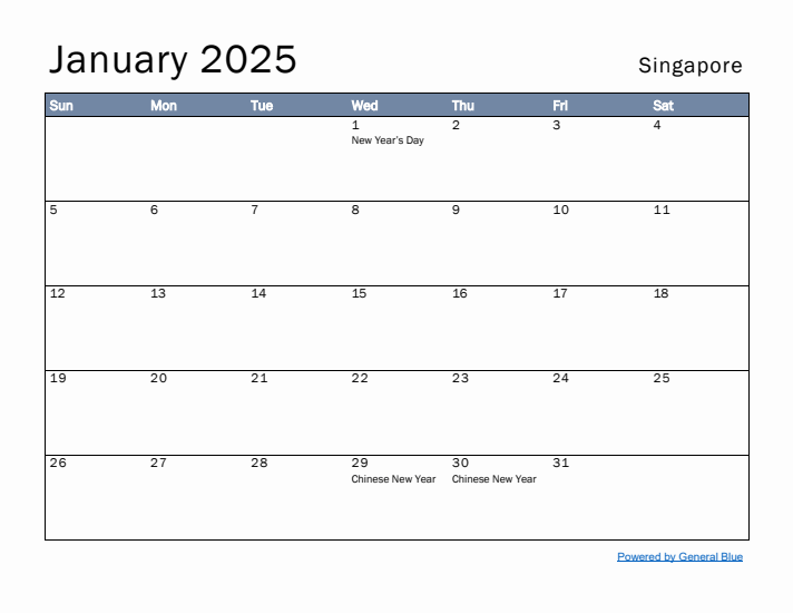 January 2025 Simple Monthly Calendar for Singapore