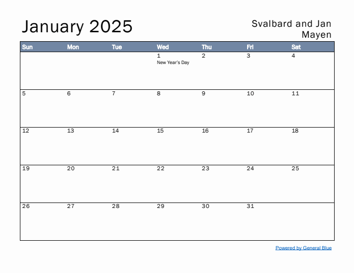 January 2025 Simple Monthly Calendar for Svalbard and Jan Mayen