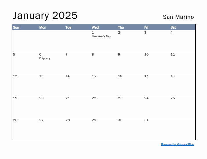 January 2025 Simple Monthly Calendar for San Marino