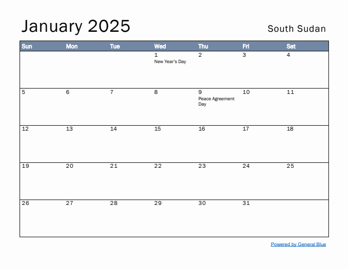 January 2025 Simple Monthly Calendar for South Sudan