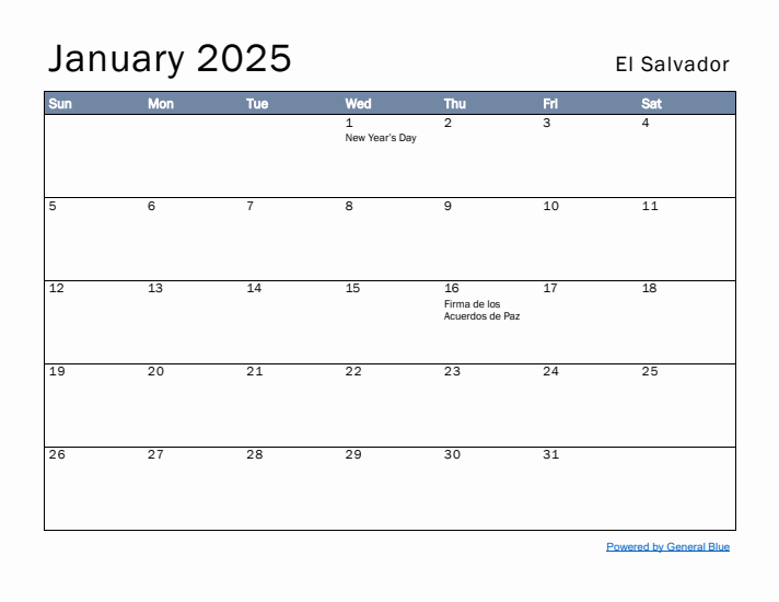 January 2025 Simple Monthly Calendar for El Salvador