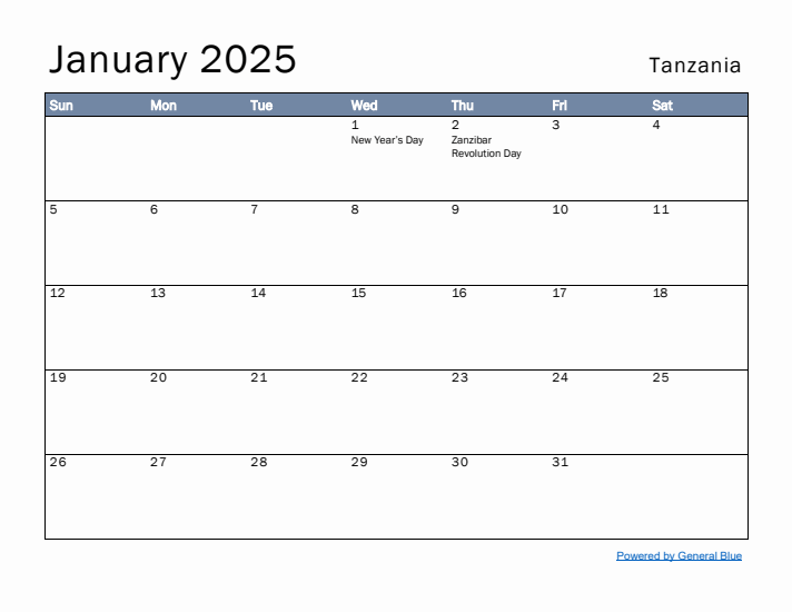 January 2025 Simple Monthly Calendar for Tanzania