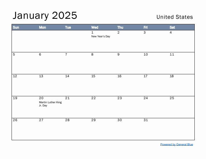 January 2025 Simple Monthly Calendar for United States