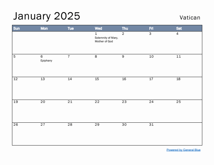 January 2025 Simple Monthly Calendar for Vatican