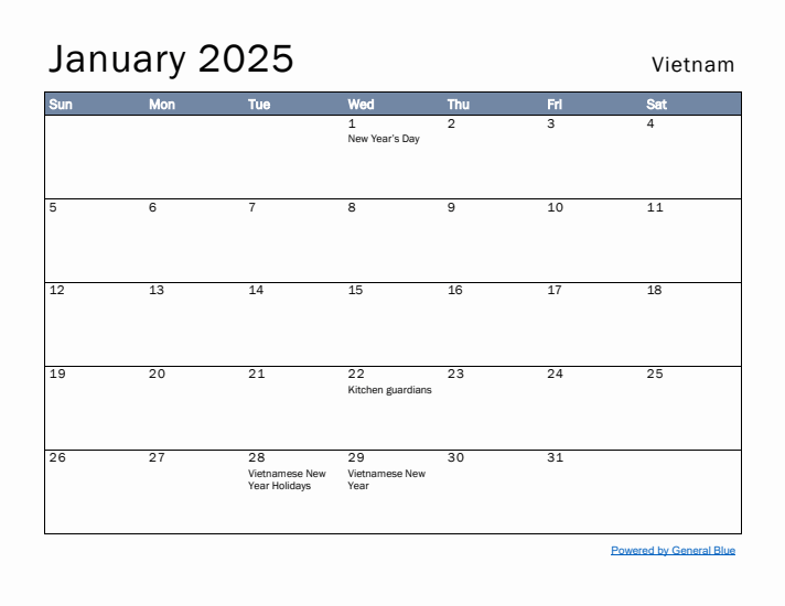 January 2025 Simple Monthly Calendar for Vietnam