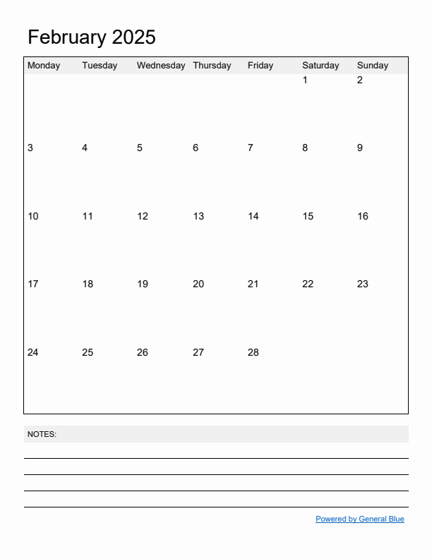 Basic Monthly Calendar Template for February 2025