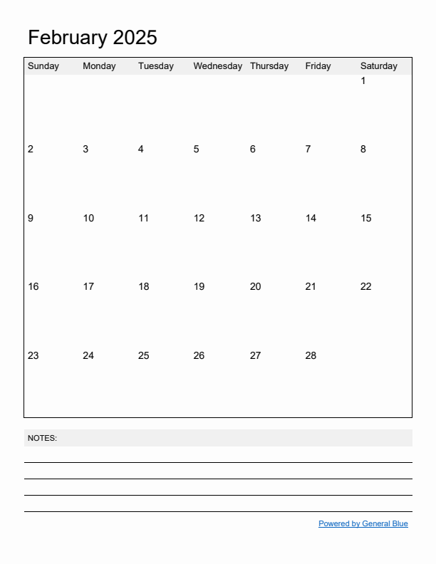 Basic Monthly Calendar Template for February 2025