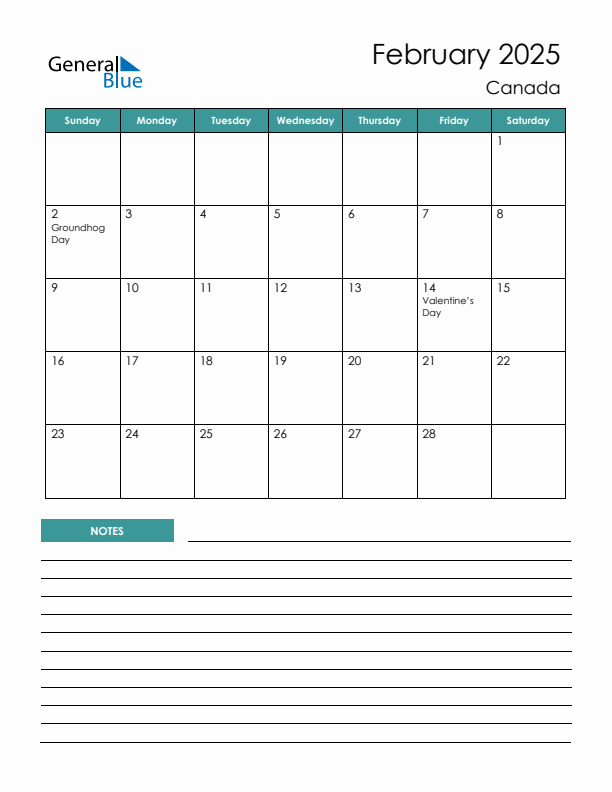 Calendar with Notes Printable - Sunday Start