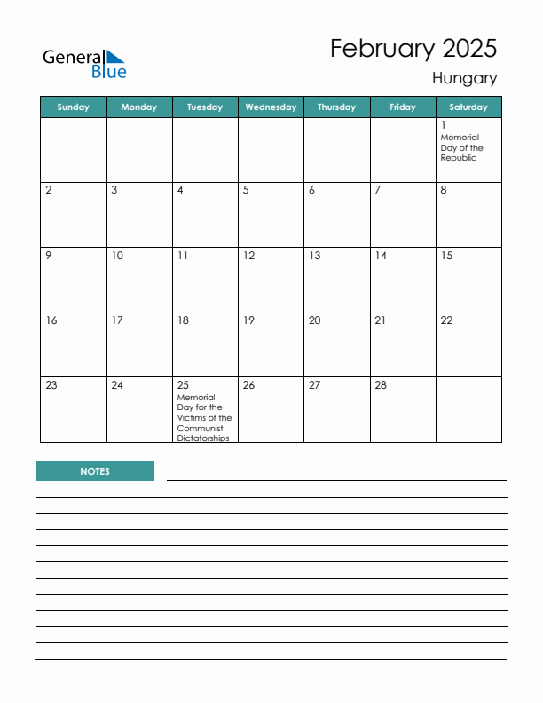 Calendar with Notes Printable - Sunday Start