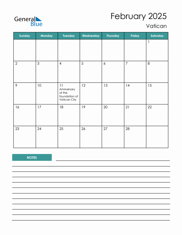 Calendar with Notes Printable - Sunday Start