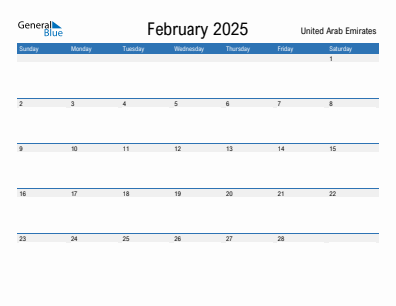 Current month calendar with United Arab Emirates holidays for February 2025