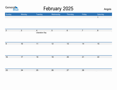 Current month calendar with Angola holidays for February 2025