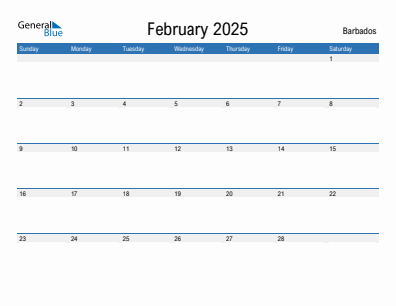 Current month calendar with Barbados holidays for February 2025