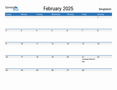 Current month calendar with Bangladesh holidays for February 2025