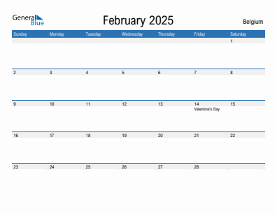 Current month calendar with Belgium holidays for February 2025