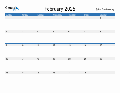 Current month calendar with Saint Barthelemy holidays for February 2025