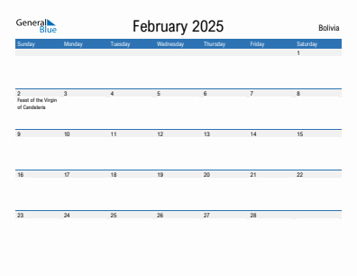 Current month calendar with Bolivia holidays for February 2025