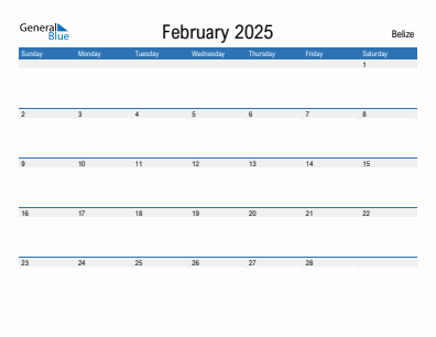 Current month calendar with Belize holidays for February 2025