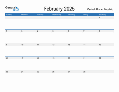 Current month calendar with Central African Republic holidays for February 2025