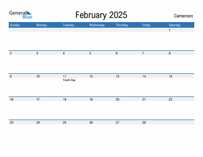 Current month calendar with Cameroon holidays for February 2025