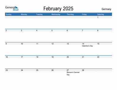 Current month calendar with Germany holidays for February 2025