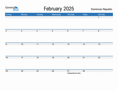 Current month calendar with Dominican Republic holidays for February 2025