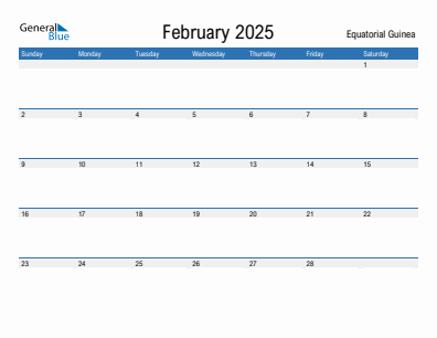 Current month calendar with Equatorial Guinea holidays for February 2025