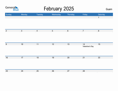 Current month calendar with Guam holidays for February 2025