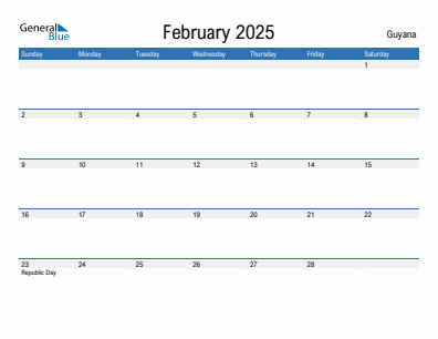 Current month calendar with Guyana holidays for February 2025