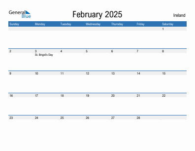 Current month calendar with Ireland holidays for February 2025