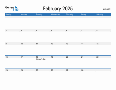 Current month calendar with Iceland holidays for February 2025