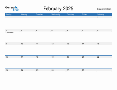 Current month calendar with Liechtenstein holidays for February 2025