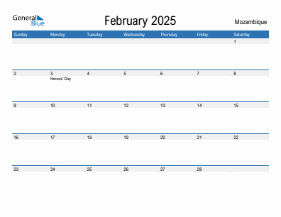 Current month calendar with Mozambique holidays for February 2025